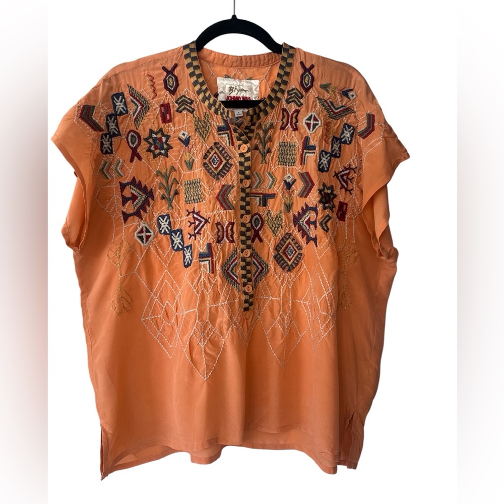 Johnny Was Blaine Orange Embroidered Silk Blouse